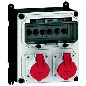 Rozdzielnia z dwoma czerwonymi przełącznikami obrotowymi i wieloma gniazdami, odpowiednia do przemysłowego rozdziału energii elektrycznej.
