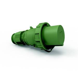 Zielony, przemysłowy wtyk elektryczny do wysokich natężeń prądu, odpowiedni do zastosowań w zakładach przemysłowych lub na budowach.