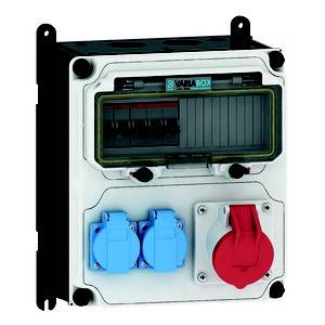 Elektryczny rozdzielacz z wieloma gniazdami i przełącznikami, częściowo w kolorze niebieskim i czerwonym. Odpowiedni do zastosowań przemysłowych.