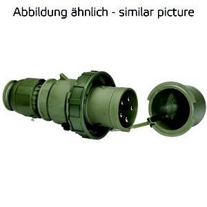 Zielony przemysłowy wtyk elektryczny z otwartą pokrywą ochronną, odpowiedni do zastosowań wysokowydajnościowych. Tekst: Ilustracja podobna - similar picture.