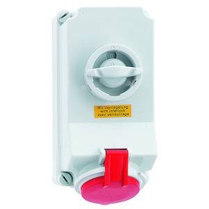 Elektryczny przemysłowy przełącznik gniazdka z czerwoną i szarą dźwignią, wyposażony w napisy w różnych językach.