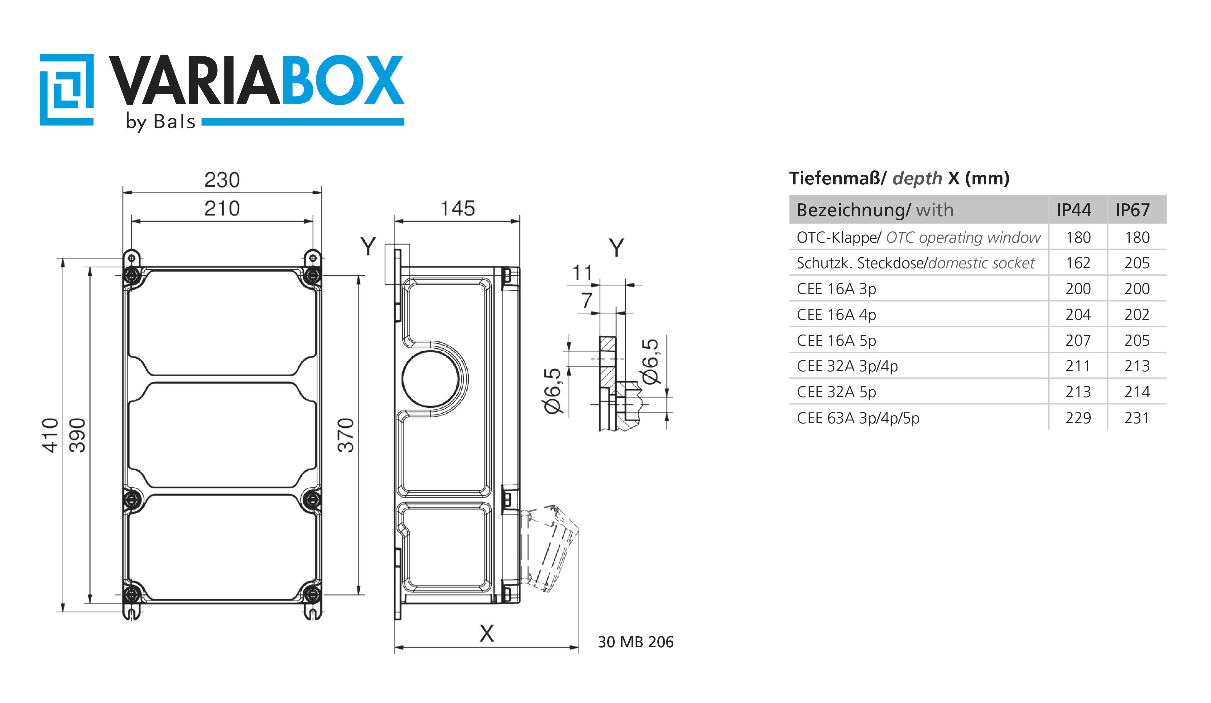 Rysunek techniczny VARIABOX firmy Bals z wymiarami w mm. Tabela przedstawia nazwy różnych gniazd CEE.