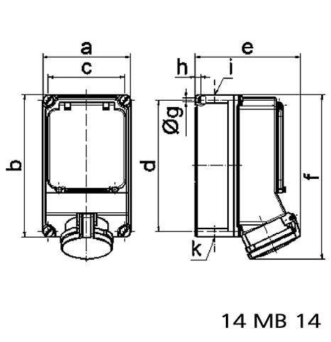 Rysunek techniczny obudowy prostokątnej z wymiarami 'a, b, c, d, e, f, ø, p, h, k'. Oznaczenie modelu: '14 MB 14'.