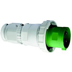 Biały wtyk elektryczny z zielonym końcem, prawdopodobnie przemysłowe złącze elektryczne, odpowiednie do wysokiego natężenia prądu.