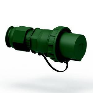 Zielony, cylindryczny wtyk elektryczny z osłoną zabezpieczającą kabel, odpowiedni do zastosowań przemysłowych.