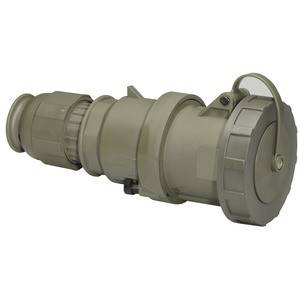 Przemysłowy wtyk w kształcie cylindra w kolorze zielonkawym, odpowiedni do zastosowań wysokowydajnościowych w dziedzinie elektryczności.