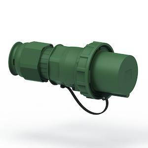 Zielony elektryczny złącz, o kształcie cylindrycznym, z nasadką ochronną i przyłączem kablowym, umieszczony na białej powierzchni.