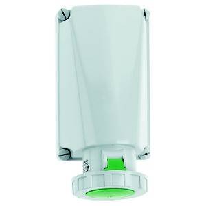 Białe, pionowe urządzenie elektryczne z zielonym przyciskiem u dołu, zamontowane na powierzchni ściany.