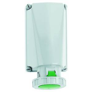 Przełącznik elektryczny, biała obudowa z zielonym przyciskiem, ustawienie pionowe. Odpowiedni do zastosowań przemysłowych.