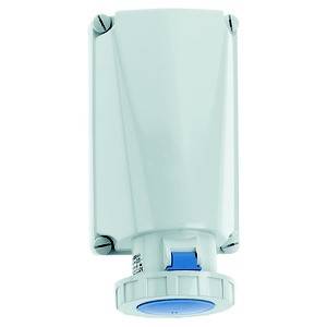 Białe, prostokątne plastikowe obudowa o zaokrąglonych narożnikach, z niebieskim zaciskiem od spodu, prawdopodobnie urządzenie techniczne.