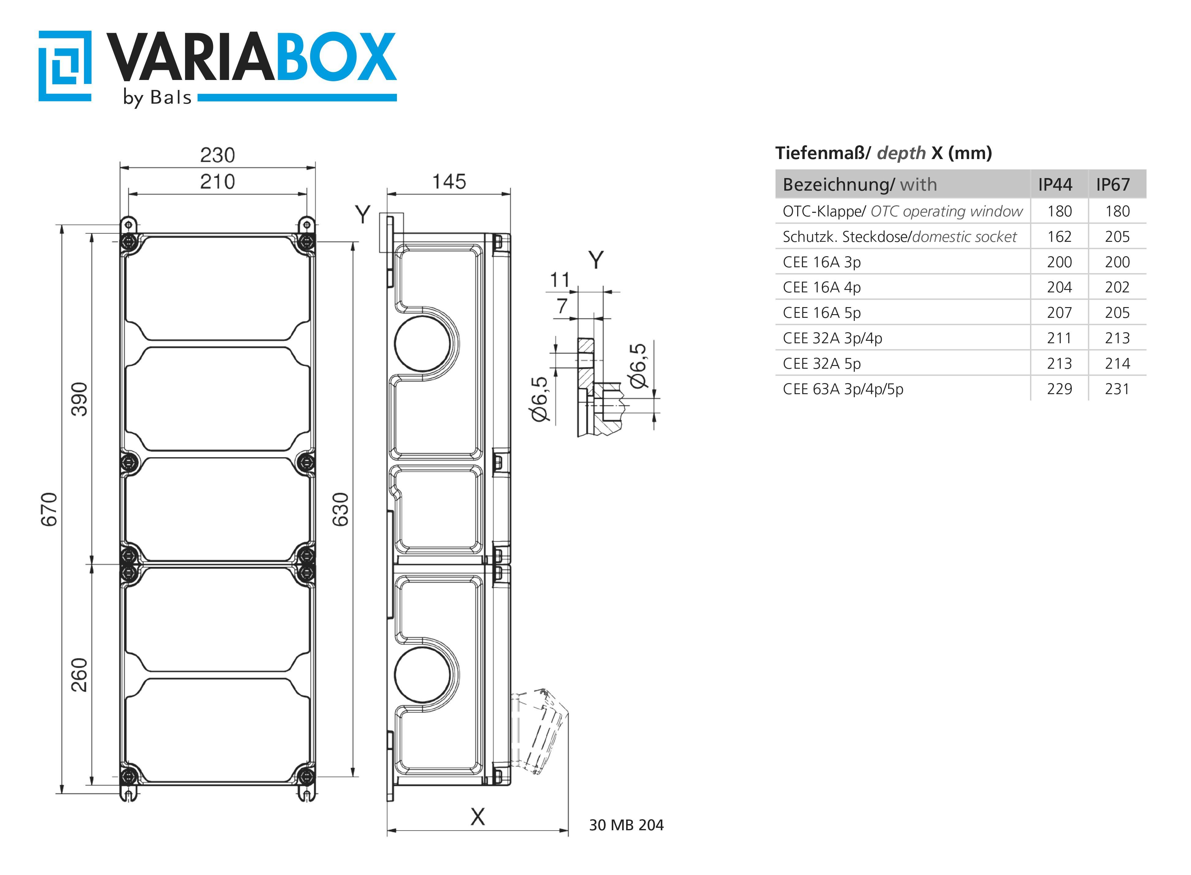 Skrzynka rozdzielcza 'Variabox' z trzema gniazdami. Wymiary: 670x230x145 mm. Diagram przedstawia stopnie ochrony IP44/67 oraz typy gniazd.