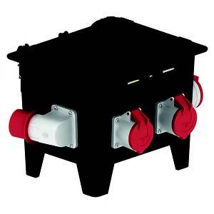 Czarny mobilny rozdzielacz elektryczny z kilkoma czerwonymi i białymi gniazdami, odpowiedni do użytku na budowie lub podczas dużych imprez.