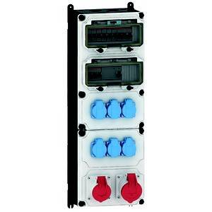 Rozdzielnica z wieloma niebieskimi i czerwonymi gniazdkami oraz przełącznikami, przeznaczona do zastosowań przemysłowych.