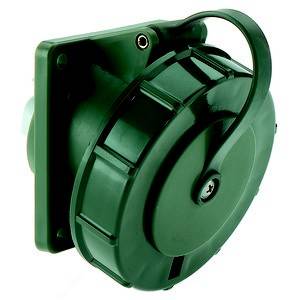 Zielony elektryczny złącz wtykowy z pokrywą, przeznaczony do zastosowań przemysłowych. Posiada wytrzymałą, okrągłą budowę.