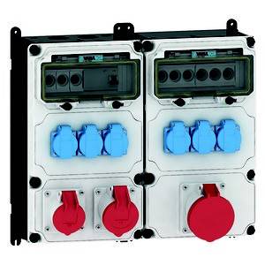 Rozdzielnica z niebieskimi i czerwonymi gniazdami, przeznaczona do zastosowań przemysłowych. Posiada kilka możliwości podłączenia.