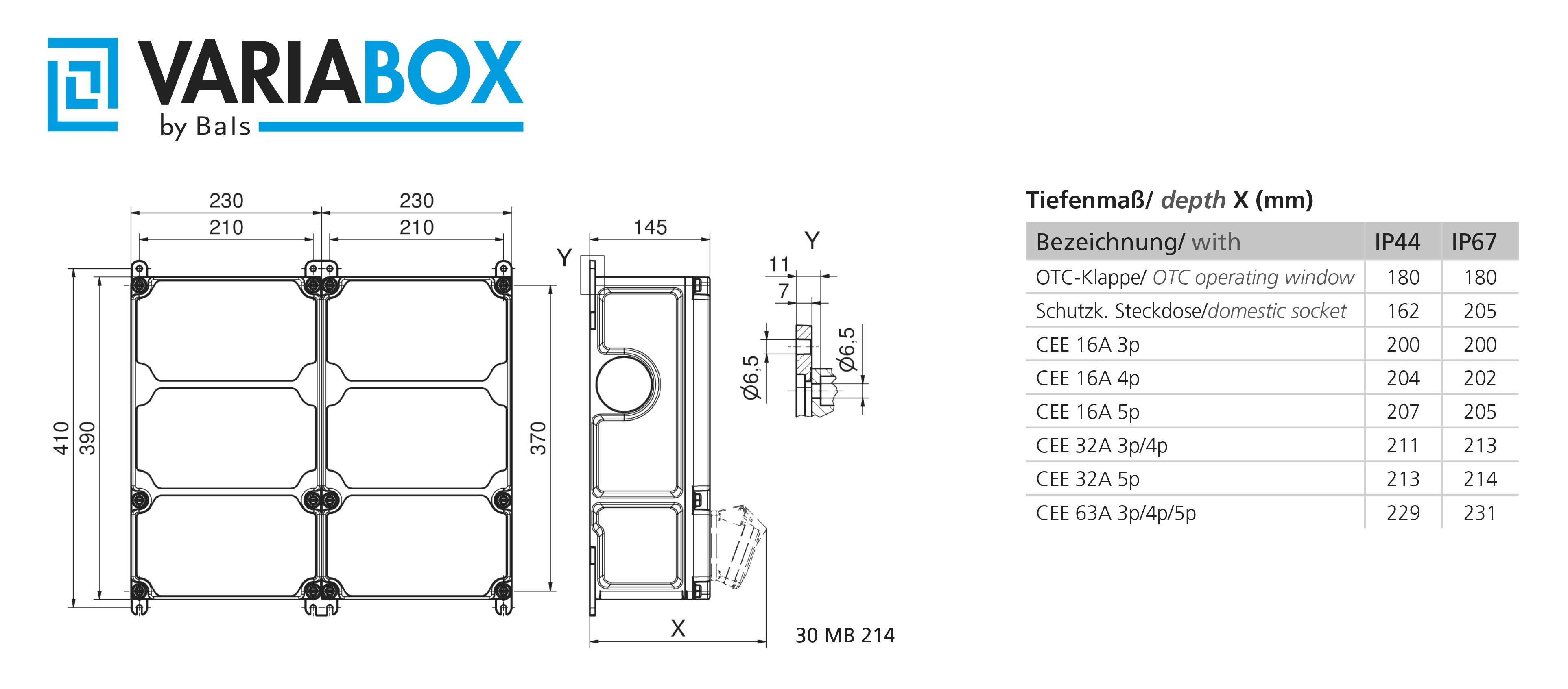 Prezentacja 'VARIABOX' ze szczegółami technicznymi: wymiary w mm dla IP44 i IP67. Przedstawia gniazda, okna i klapę ochronną.