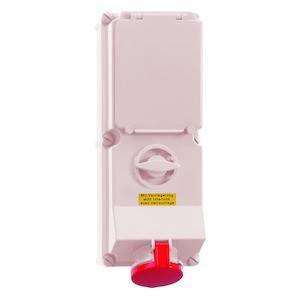 Czerwony wyłącznik awaryjny na skrzynce elektrycznej, oznaczony napisem 'Wyłącznik awaryjny' oraz ostrzeżeniem poniżej.