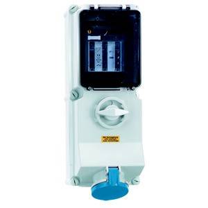 Białe elektryczne urządzenie ścienne z niebieskim przyłączem od dołu i przezroczystą pokrywą od góry. Odpowiednie do zastosowań przemysłowych.