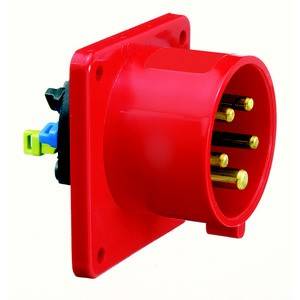 Przemysłowe gniazdo elektryczne dużej mocy z czterema metalowymi stykami oraz czarnym i niebieskim złączem z tyłu.