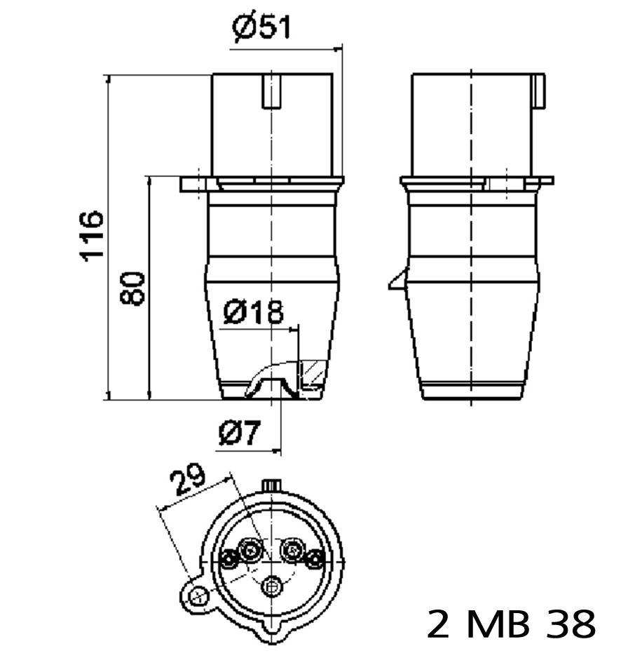 Rysunek techniczny elementu cylindrycznego z wymiarowaniem: średnica Ø51 mm, wysokość 116 mm, widoki szczegółowe z góry i z dołu.