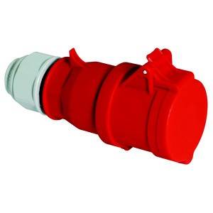 Czerwone przemysłowe złącze elektryczne w kształcie cylindra, z wymiennym plastikowym pokrywką, przeznaczone głównie do ciężkich zastosowań.