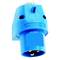 Niebieskie przemysłowe złącze elektryczne, norma CEE, trzybiegunowe. Zaprojektowane do wytrzymałych połączeń elektrycznych w zastosowaniach przemysłowych.
