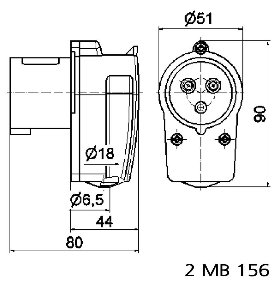 Rysunek techniczny elementu cylindrycznego z wymiarami: Ø51, 90, 80, Ø18, 6,5, 44. Widok z przodu i widok z boku. Oznaczenie '2 MB 156'.