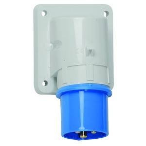 Niebiesko-szara wtyczka ścienna z trzema złączami, przeznaczona do zastosowań przemysłowych, zamontowana na białej powierzchni.