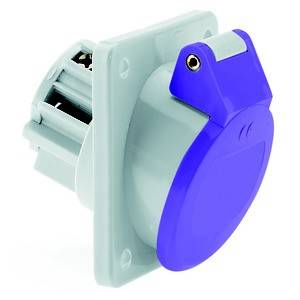 Niebieskie, okrągłe elektryczne złącze wtykowe w prostokątnej, szarej obudowie.