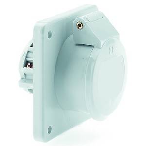 Szare elektryczne gniazdo wtykowe z pokrywą ochronną, zamontowane na prostokątnej płytce, przeznaczone do instalacji naściennych.