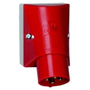 Czerwone elektryczne gniazdo wtykowe z pięcioma stykami metalowymi, odpowiednie do podłączenia prądu trójfazowego.