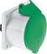 Gniazdo elektryczne z zielonym przykryciem, zamontowane na białej obudowie. Do zastosowań przemysłowych.