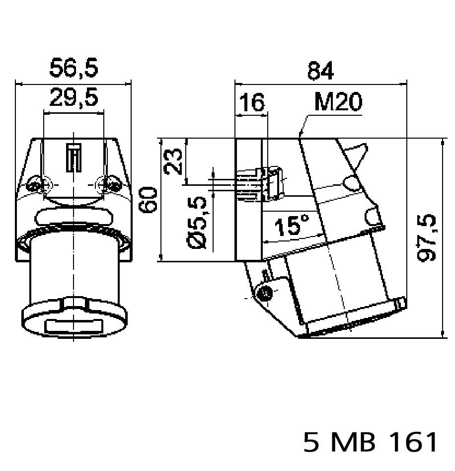 Rysunek techniczny elementu mechanicznego o wymiarach: 56,5 x 84 mm, pochylenie 15 stopni, gwint M20, numer artykułu '5 MB 161'.