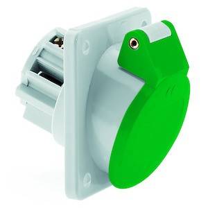 Zielona wtyczka z białą obudową, pokazująca przednią stronę z zaślepką ochronną.