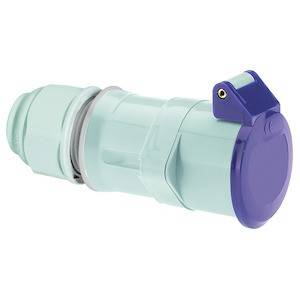 Biały i fioletowy wtyk CEE w wersji przemysłowej, widok z boku na białym tle.