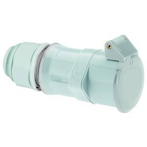 Biały, okrągły elektryczny wtyk z osłoną ochronną, przeznaczony do zastosowań przemysłowych, na białym tle.