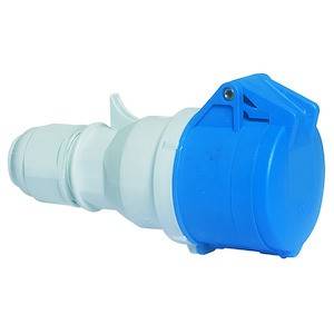 Biało-niebieskie przemysłowe złącze gwintowane, odpowiednie do instalacji elektrycznych.