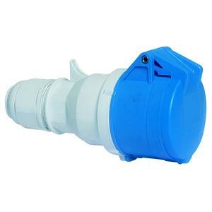 Niebieski i biały wtyk adapterowy CEE, ułożony poziomo, do podłączania urządzeń elektrycznych do odpowiednich gniazd przemysłowych.