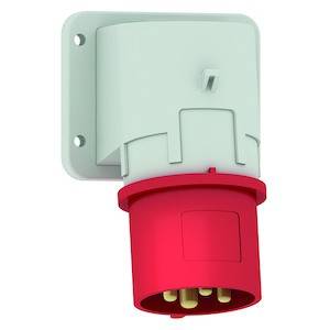 Czerwona i szara wtyczka elektryczna zamontowana na ścianie, z wieloma stykami, odpowiednia do zastosowań przemysłowych.