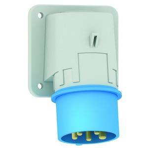 Przemysłowe gniazdo wtykowe z niebieską obudową z tworzywa sztucznego i złotymi stykami, zamontowane na uchwycie ściennym.
