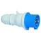 Niebieski i biały, trzystykowy złącz z cylindryczną obudową i metalowymi stykami do przemysłowych zastosowań elektrycznych.