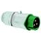 Zielony, trzystykowy wtyk przemysłowy z wytrzymałą obudową z tworzywa sztucznego.