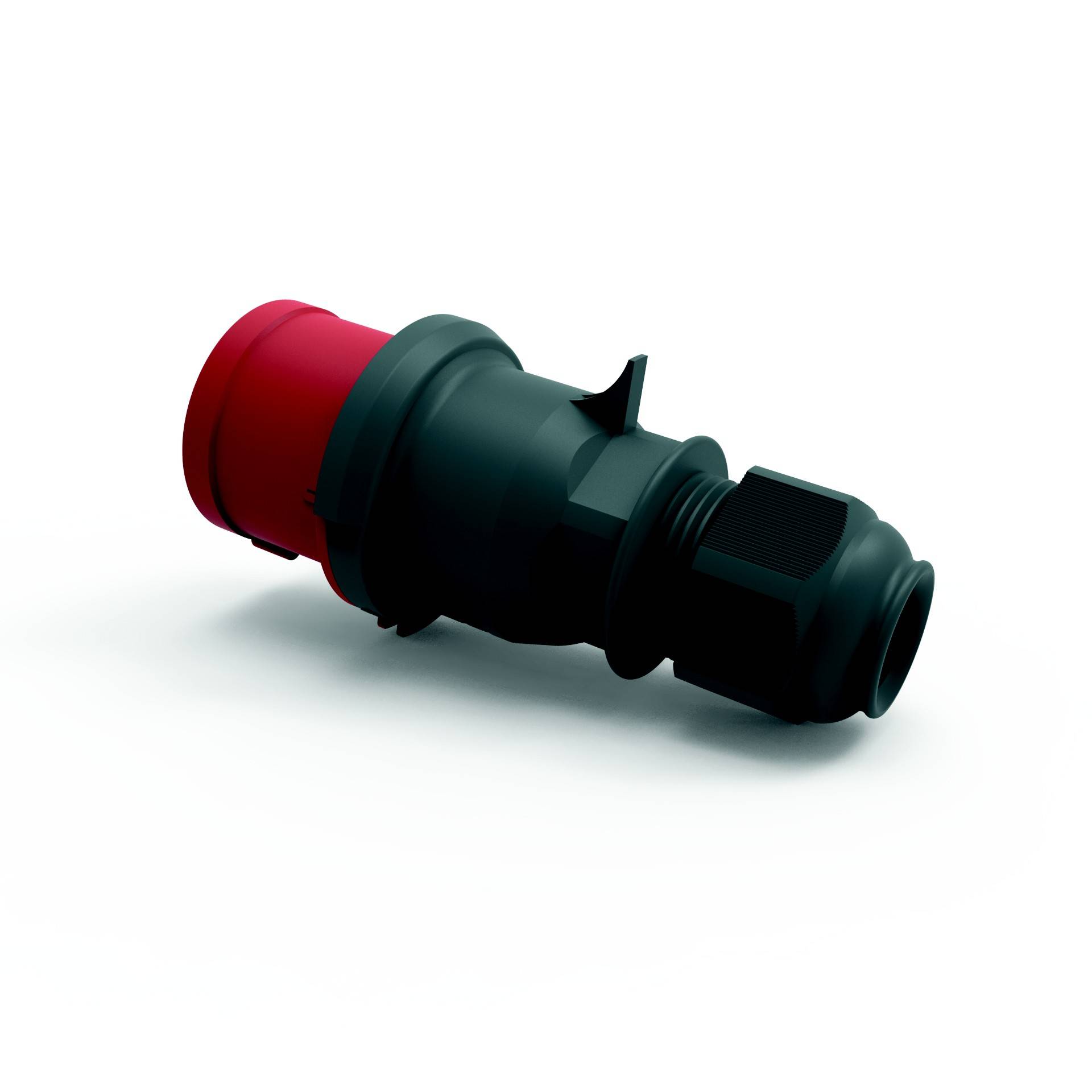 Czarny i czerwony wtyk w prostym designie, prawdopodobnie do zastosowań przemysłowych lub elektrycznych, na białym tle.