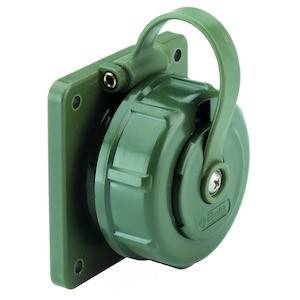 'Zielone gniazdo ścienne Schuko z klapką ochronną'