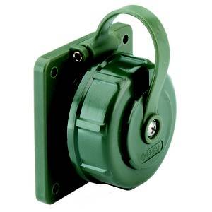 Zielona, kwadratowa gniazdo bezpieczeństwa z klapką, zamontowane na ścianie. Nadaje się do użytku na zewnątrz.