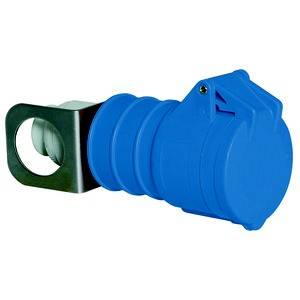 Niebieski wtyk z nasadką ochronną i metalowym mocowaniem.
