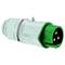 Zielony wtyk elektryczny z trzema metalowymi stykami, odpowiedni do zastosowań przemysłowych.