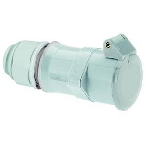 Biały elektryczny adapter wtykowy z zamykaną pokrywą ochronną, stosowany do bezpiecznych połączeń elektrycznych w zastosowaniach przemysłowych.