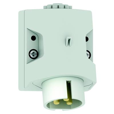 Białe elektryczne obudowa złącza z dwoma widocznymi śrubami mocującymi oraz wystającym gniazdem od spodu.