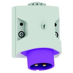 Biała naścienna wtyczka elektryczna z fioletową wtyczką, odpowiednia do podłączeń elektrycznych w domach lub obiektach komercyjnych.